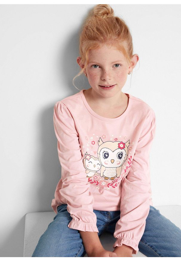 bonprix - Shirt dziewczęcy z długim rękawem (2 szt.). Kolor: czerwony. Długość rękawa: długi rękaw. Długość: długie. Wzór: nadruk