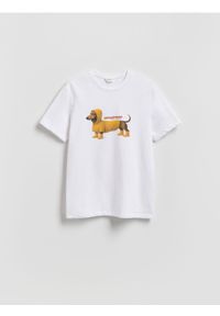 Reserved - T-shirt regular z nadrukiem - biały. Kolor: biały. Materiał: dzianina, bawełna. Wzór: nadruk #1