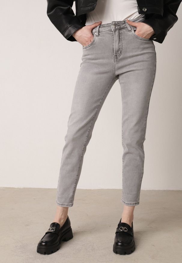 Born2be - Szare Bawełniane Jeansy Regular Fit z Elastycznego Denimu Timarose. Okazja: na co dzień. Kolor: szary. Styl: casual, elegancki, klasyczny