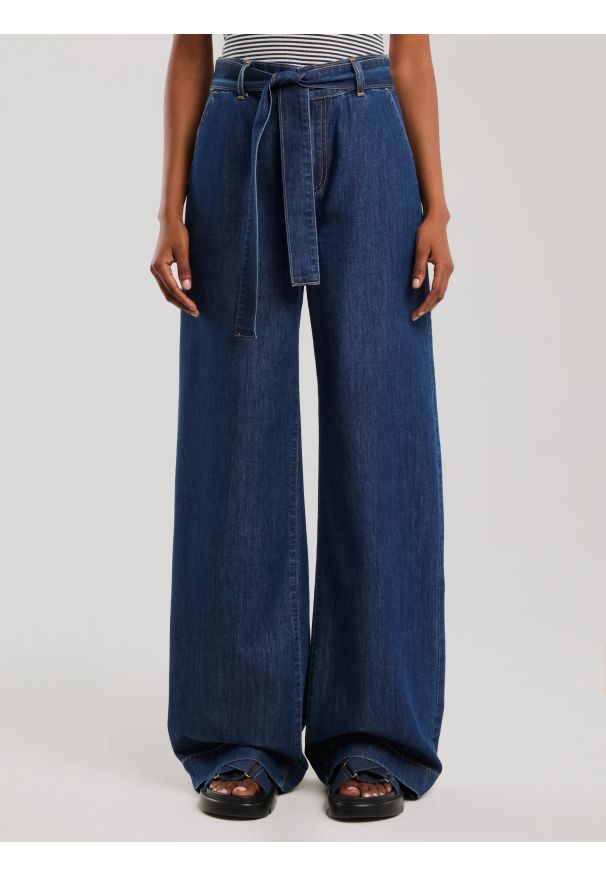 Big-Star - Jeansy damskie wide z paskiem granatowe Julii 550. Okazja: na co dzień. Stan: podwyższony. Kolor: niebieski. Długość: długie. Styl: casual, klasyczny, elegancki