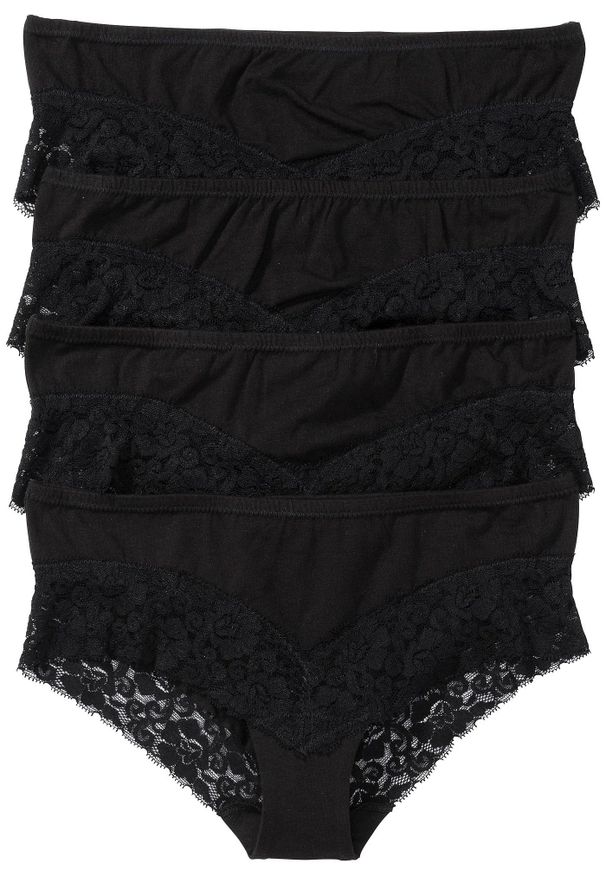 bonprix - Figi panty z koronką (4 pary). Kolor: czarny. Materiał: koronka. Wzór: koronka