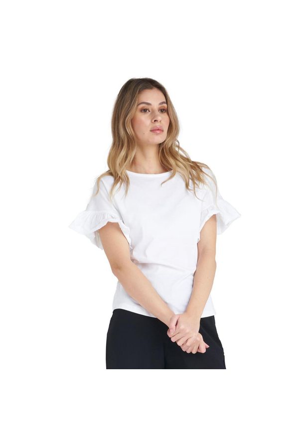 LEONE 1947 APPAREL - Błyszcząca damska koszulka z krótkim rękawem i falbaną. Kolor: biały. Materiał: tkanina. Długość rękawa: krótki rękaw. Długość: krótkie. Sport: fitness