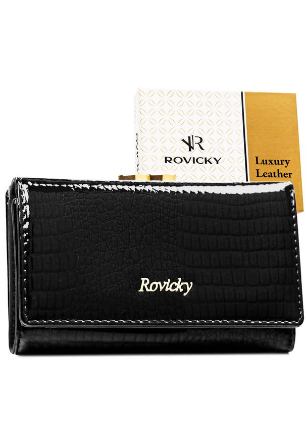 ROVICKY - Średni portfel damski ze skóry naturalnej w czarnym kolorze zamykany na bigiel i zatrzask RH-23-1-RSRovicky. Kolor: czarny. Materiał: skóra