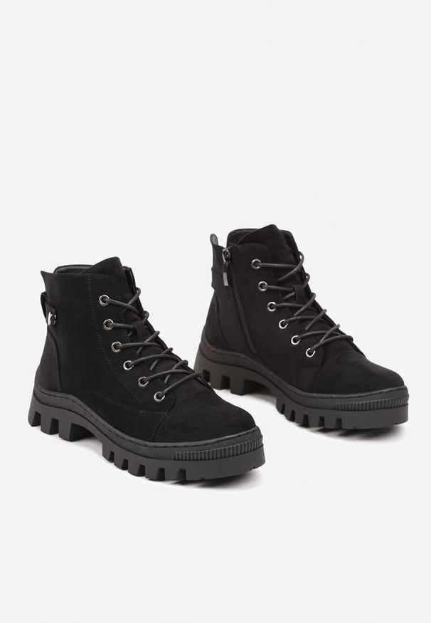 Born2be - Czarne Botki na Grubej Podeszwie w Stylu Traperów ze Sznurowaniem Arviva. Okazja: na co dzień. Kolor: czarny. Materiał: jeans, wełna. Styl: casual