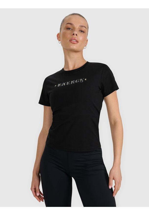 4f - 4F T-shirt slim z nadrukiem damski - czarny XS. Okazja: na co dzień. Kolor: czarny. Materiał: bawełna, elastan, jersey, materiał. Długość rękawa: raglanowy rękaw. Wzór: nadruk. Styl: klasyczny, sportowy, casual