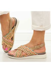 POTOCKI - Multi płaskie sandały damskie Potocki 90374. Okazja: na co dzień, na spacer. Zapięcie: pasek. Kolor: wielokolorowy. Materiał: materiał, jeans, skóra. Wzór: kolorowy, aplikacja. Sezon: wiosna, lato. Obcas: na płaskiej podeszwie. Styl: wakacyjny, casual #1