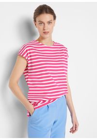 bonprix - T-shirt oversize w paski, ze zrównoważonego materiału. Kolor: różowy. Materiał: materiał. Wzór: paski