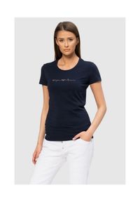 Emporio Armani - EMPORIO ARMANI Granatowy t-shirt damski z kryształkami, Rozmiar XS. Kolor: niebieski. Materiał: prążkowany, bawełna