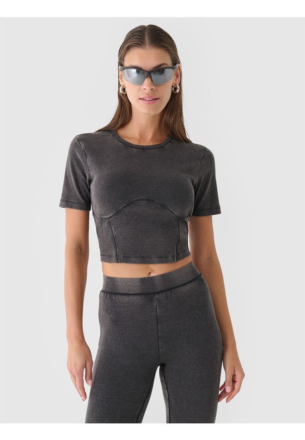 4f - 4F Crop top slim gładki damski - czarny S. Okazja: na co dzień. Kolor: czarny. Materiał: dzianina, bawełna, jersey, materiał, elastan. Wzór: gładki. Styl: sportowy, casual