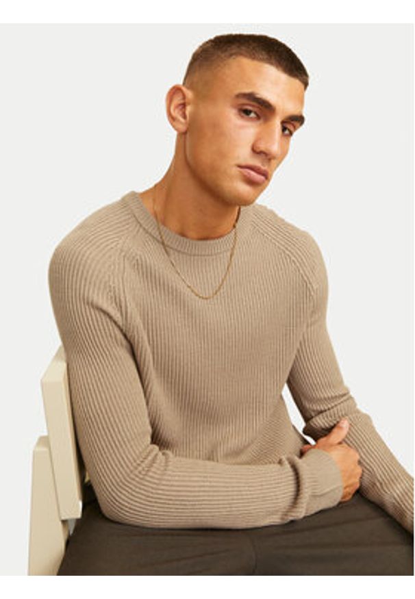 Jack & Jones Sweter Pannel 12258471 Beżowy Regular Fit. Kolor: beżowy. Materiał: bawełna