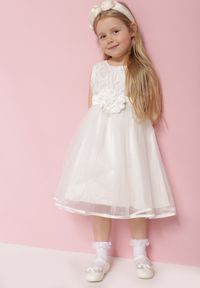 Born2be - Biała Tiulowa Sukienka w Stylu Princeski z Aplikacjami 3D Piwira. Okazja: na imprezę. Kolor: biały. Materiał: tiul. Wzór: aplikacja #7