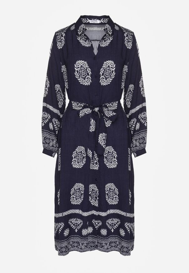 Renee - Granatowa Sukienka Koszulowa Wiązana w Pasie w Stylu Boho Rorisha. Okazja: na co dzień. Kolor: niebieski. Materiał: tkanina, wiskoza. Typ sukienki: koszulowe. Styl: boho