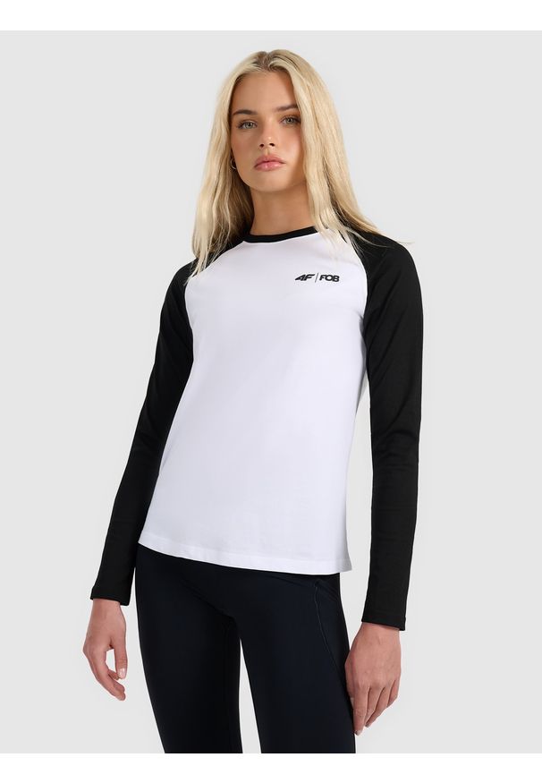 4f - 4F Longsleeve regular damski - biały S. Okazja: na co dzień. Kolor: biały. Materiał: materiał, dzianina. Długość rękawa: długi rękaw. Długość: długie. Styl: casual