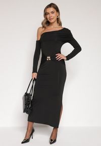 Born2be - Czarna Sukienka z Wiskozą Wywiniętym Dekoltem Marszczeniem i Metaliczną Ozdobą Reillea. Okazja: na co dzień. Kolor: czarny. Materiał: wiskoza. Wzór: aplikacja. Styl: klasyczny, casual, elegancki #7