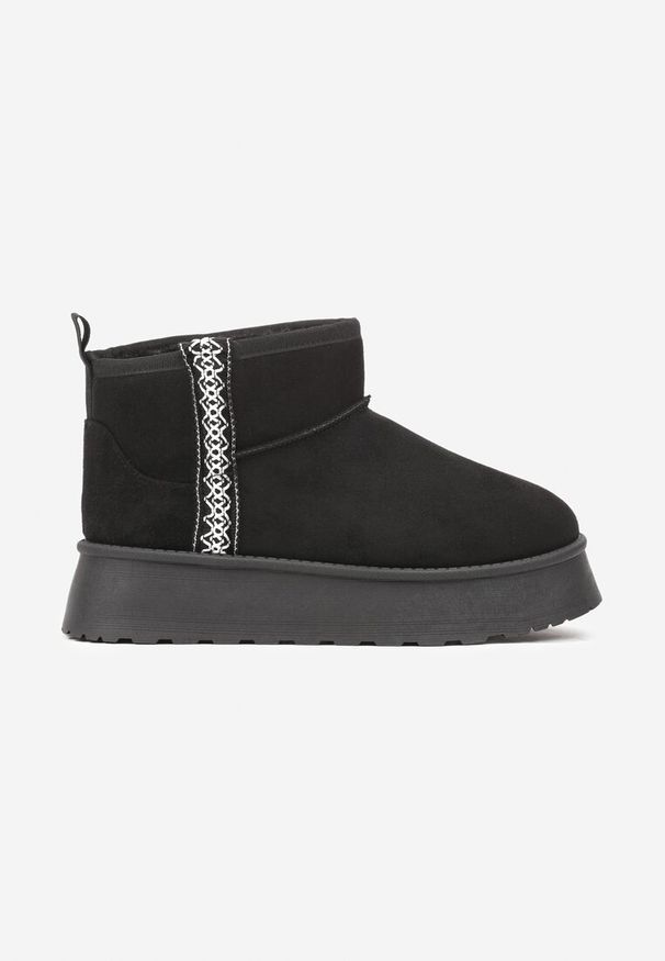 Born2be - Czarne Krótkie Śniegowce z Ozdobną Lamówką Lotavia. Okazja: na co dzień. Kolor: czarny. Materiał: wełna. Sezon: zima. Styl: boho, casual