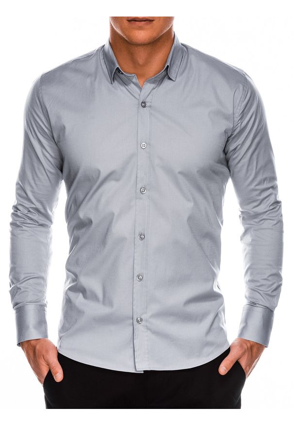 Ombre Clothing - Koszula męska z długim rękawem SLIM FIT - szara - Rozmiar: S. Typ kołnierza: kołnierzyk klasyczny. Kolor: szary. Materiał: tkanina, elastan, bawełna. Długość rękawa: długi rękaw. Długość: długie. Wzór: gładki. Styl: klasyczny, elegancki