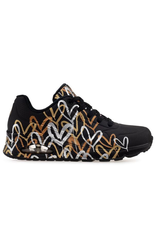 skechers - Buty Skechers Uno Metallic Love 155523BKGD - czarne. Zapięcie: sznurówki. Kolor: czarny. Materiał: guma, skóra, nubuk, materiał, syntetyk. Szerokość cholewki: normalna. Wzór: motyw zwierzęcy. Model: Skechers Sport. Sport: turystyka piesza