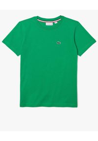 Lacoste - LACOSTE - Zielona koszulka z logo. Kolor: zielony. Materiał: prążkowany, jersey, bawełna. Wzór: haft