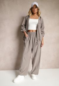Renee - Szare Bawełniane Spodnie High Waist o Szerokim Kroju Velili. Okazja: na co dzień. Stan: podwyższony. Kolor: szary. Materiał: bawełna. Styl: elegancki, casual