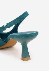 Born2be - Zielone Czółenka z Odkrytą Piętą VICES na Obcasie Kaczuszka Anatema. Okazja: na co dzień. Kolor: zielony. Materiał: zamsz, jeans. Obcas: na obcasie. Styl: casual, elegancki. Wysokość obcasa: średni #4