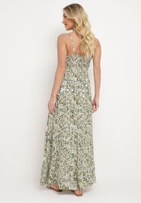 Born2be - Zielono-Beżowa Rozkloszowana Sukienka z Bawełny na Cienkich Ramiączkach z Gumką w Pasie i Haftem Xuretta. Okazja: na spacer, na imprezę. Typ kołnierza: dekolt w kształcie V. Kolor: zielony. Materiał: bawełna. Długość rękawa: na ramiączkach. Wzór: haft. Sezon: lato. Styl: boho #3