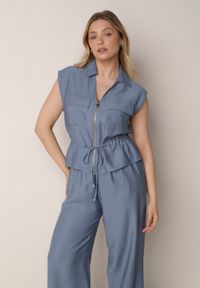 Born2be - Niebieski Wiskozowy Komplet w Stylu Safari Spodnie i Bluzka na Suwak z Wiązaniem Iphisei. Kolor: niebieski. Materiał: wiskoza #2