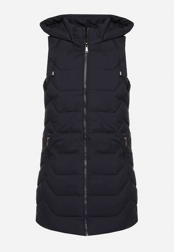 Born2be - Granatowa Pikowana Kamizelka z Odpinanym Kapturem na Suwak Wykończona Sznurkami Zeneria. Okazja: na co dzień. Kolor: niebieski. Styl: elegancki, casual