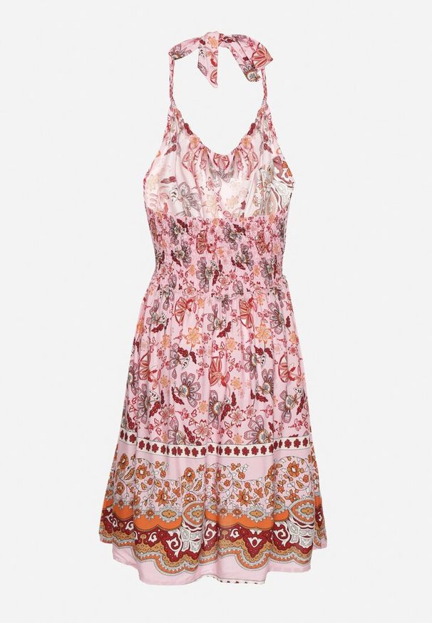 Born2be - Różowa Rozkloszowana Sukienka z Wiskozą z Wiązaniem na Karku Aralune. Okazja: na co dzień, na imprezę. Kolor: różowy. Materiał: wiskoza. Typ sukienki: rozkloszowane, proste. Styl: casual, elegancki, klasyczny