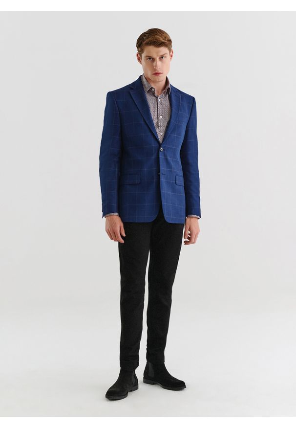 Pako Lorente - PAKO LORENTE – Granatowa marynarka casualowa w kratę. Okazja: na co dzień. Kolor: niebieski. Materiał: poliester, wełna, bawełna. Styl: casual