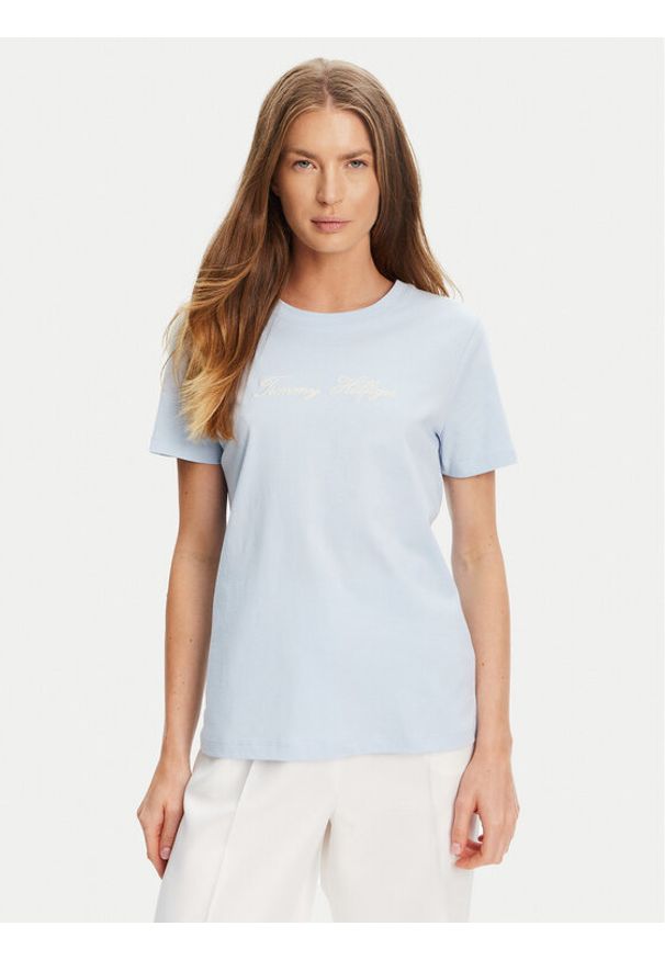 TOMMY HILFIGER - Tommy Hilfiger T-Shirt Script WW0WW45746 Błękitny Regular Fit. Kolor: niebieski. Materiał: bawełna