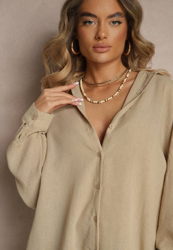 Renee - Beżowa Koszula o Fasonie Oversize w Klasycznym Stylu Marionera. Okazja: na co dzień. Kolor: beżowy. Materiał: bawełna, materiał. Długość rękawa: długi rękaw. Długość: długie. Styl: klasyczny