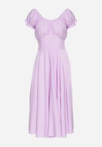 Born2be - Fioletowa Sukienka z Bawełną Typu Hiszpanka z Ozdobnymi Bufkami Lunaleia. Okazja: na co dzień. Typ kołnierza: dekolt hiszpanka. Kolor: fioletowy. Materiał: bawełna. Styl: klasyczny, casual, elegancki #6