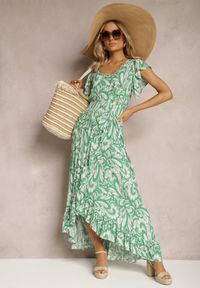Renee - Zielona Sukienka Boho z Gumką w Pasie i Asymetrycznym Dołem z Wiskozy Anorissa. Kolor: zielony. Materiał: wiskoza. Typ sukienki: asymetryczne. Styl: boho #5