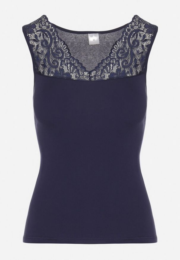 Born2be - Granatowy Top z Bawełny z Koronką Arionor. Okazja: na co dzień. Kolor: niebieski. Materiał: koronka, bawełna. Wzór: koronka. Styl: casual, klasyczny