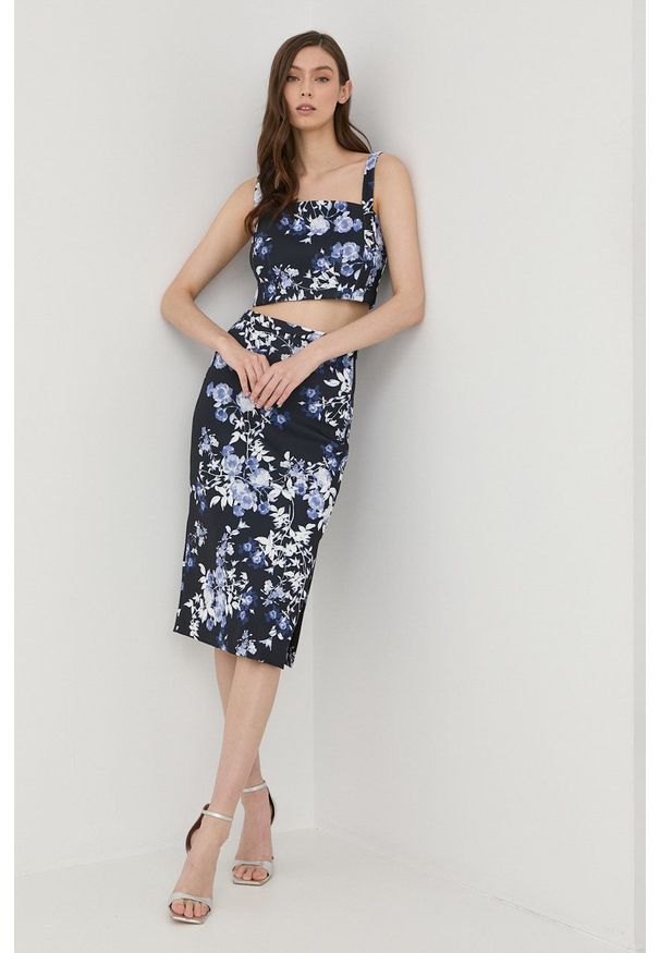 Marciano Guess spódnica kolor granatowy midi prosta. Okazja: na co dzień. Kolor: niebieski. Materiał: tkanina. Styl: casual