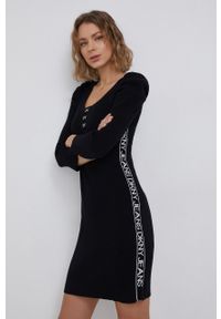 DKNY - Dkny - Sukienka. Kolor: czarny. Materiał: dzianina. Długość rękawa: długi rękaw. Typ sukienki: dopasowane