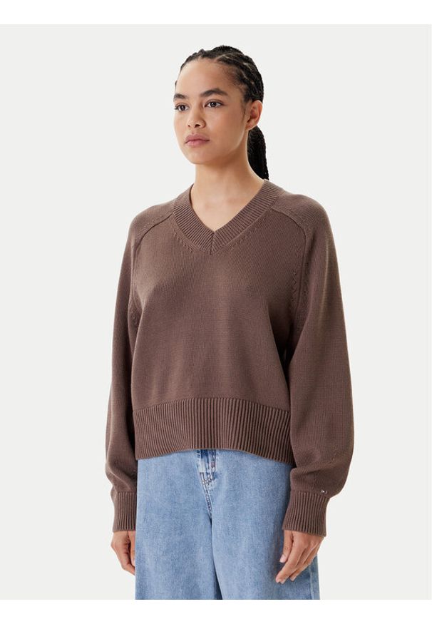 TOMMY HILFIGER - Tommy Hilfiger Sweter WW0WW45700 Brązowy Regular Fit. Kolor: brązowy. Materiał: bawełna