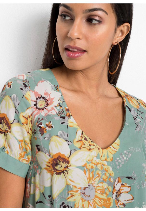 bonprix - Sukienka z lejącej wiskozy. Kolor: zielony. Materiał: wiskoza. Wzór: nadruk, aplikacja. Styl: elegancki