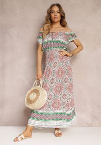 Renee - Zielono-Różowa Sukienka Maxi Hiszpanka z Gumkami w Pasie i Ozdobnym Wiązaniem z Bawełny Giannis. Typ kołnierza: dekolt hiszpanka. Kolor: zielony. Materiał: bawełna. Sezon: lato, wiosna. Długość: maxi