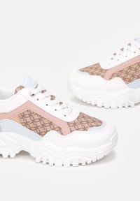 Renee - Biało-Różowe Sneakersy na Grubej Podeszwie Itra. Kolor: biały. Materiał: skóra ekologiczna, materiał. Szerokość cholewki: normalna. Wzór: aplikacja, nadruk