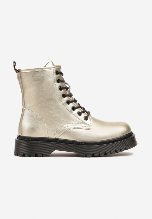 Born2be - Złote Botki Workery ze Sznurowaniem i Przeszyciami Resizola. Okazja: na spotkanie biznesowe. Zapięcie: sznurówki. Kolor: złoty. Materiał: jeans, skóra. Obcas: na obcasie. Styl: rockowy, biznesowy. Wysokość obcasa: średni
