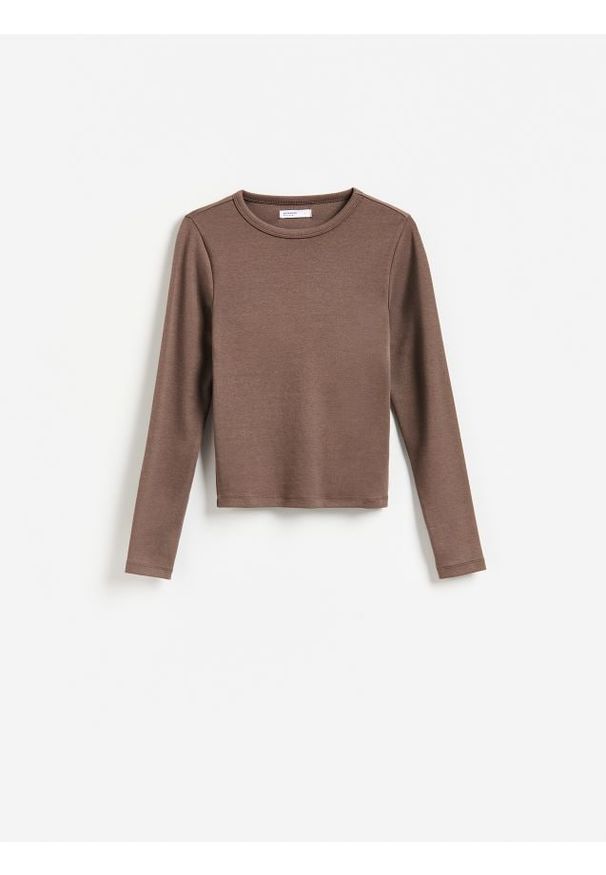 Reserved - Longsleeve z modalem - brązowy. Kolor: brązowy. Materiał: bawełna, dzianina. Długość rękawa: długi rękaw