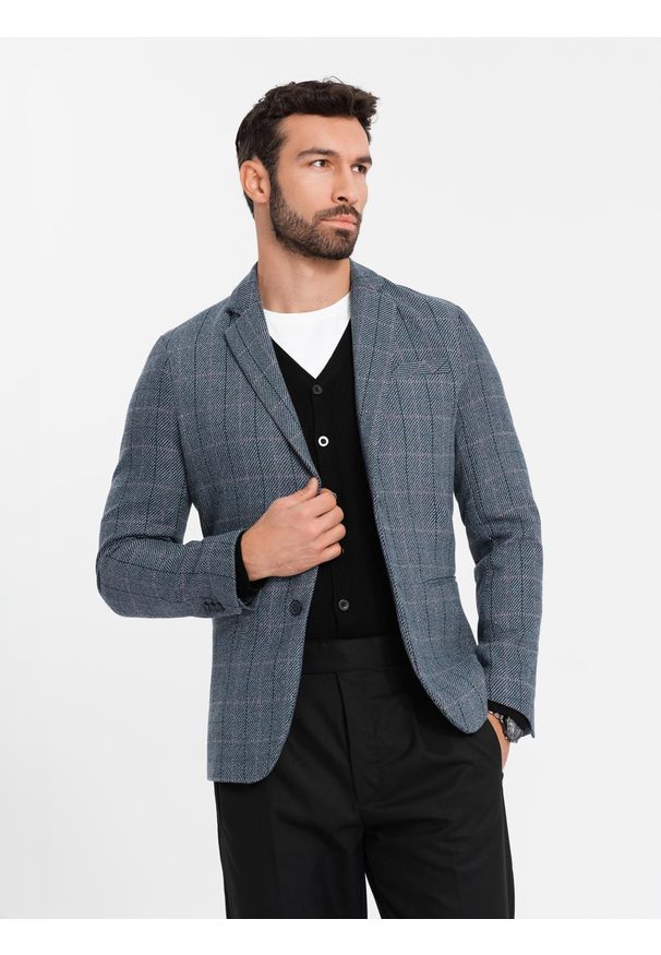 Ombre Clothing - Żakardowa marynarka męska w delikatną kratę - grafitowa V1. Kolor: szary. Materiał: żakard