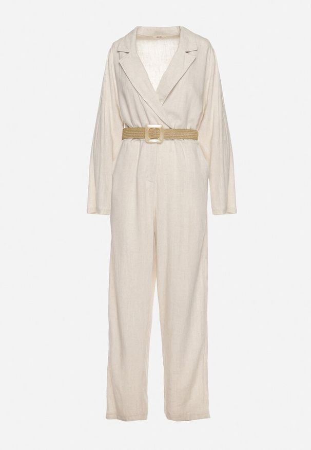 Born2be - Jasnobeżowy Kombinezon z Kopertową Górą z Paskiem Plecionki i Dopasowanymi Nogawkami Ifnaa. Kolor: beżowy