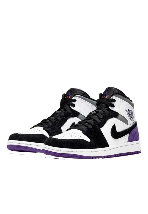 Jordan - Buty do chodzenia męskie Nike Buty Męskie 1 Mid SE. Wysokość cholewki: za kostkę. Zapięcie: sznurówki. Kolor: biały, fioletowy, wielokolorowy. Materiał: guma, syntetyk, materiał. Szerokość cholewki: normalna. Sport: turystyka piesza