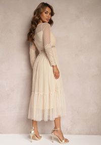 Renee - Ciemnobeżowa Rozkloszowana Sukienka Maxi z Koronkowymi Wstawkami i Tiulem Kollla. Kolor: beżowy. Materiał: koronka, tiul. Wzór: koronka, jednolity. Typ sukienki: rozkloszowane. Długość: maxi #5