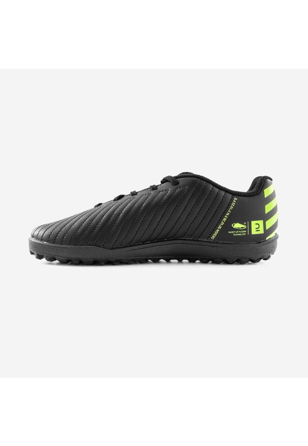 KIPSTA - Buty do piłki nożnej dla dzieci Kipsta 100 Easy Turf TF sznurowane. Kolor: czarny, zielony, wielokolorowy, żółty. Materiał: kauczuk. Szerokość cholewki: normalna. Sport: piłka nożna