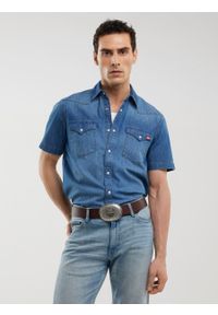 Big-Star - Koszula męska jeansowa z krótkim rękawem niebieska Short Sleeve Western 377. Kolor: niebieski. Materiał: jeans. Długość rękawa: krótki rękaw. Długość: krótkie. Sezon: lato. Styl: wizytowy