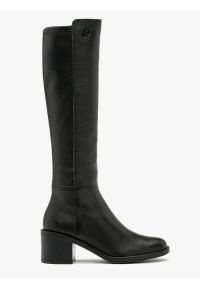 Ryłko - Czarne kozaki damskie z wąską cholewką. Nosek buta: okrągły. Zapięcie: zamek. Kolor: czarny. Materiał: skóra. Szerokość cholewki: wąska. Obcas: na obcasie. Styl: street. Wysokość obcasa: średni #1
