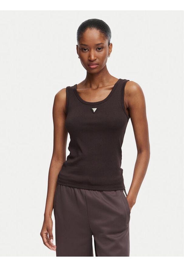 Guess Top V6YP09 K4312 Brązowy ciemny Regular Fit. Kolor: brązowy. Materiał: bawełna